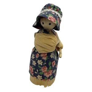 Vintage Handmade Corn Husk Girl In‎ Blue Patterned Dress & Bonnet 3" UNBRANDED